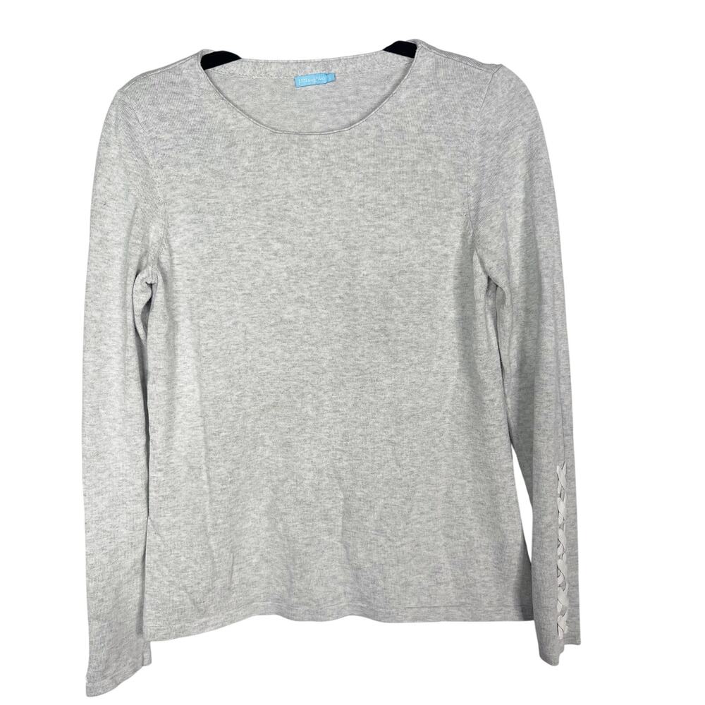 J McLaughlin Small S Heather Gray Riana Lace Up Sleeve Cotton Modal Sweater Crew
